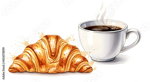 Delicious Croissant and Steaming Coffee A Watercolor Illustration for Breakfast