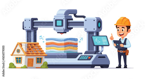 Architect Supervising Innovative 3D Printing Technology for Residential Construction - Modern Building Illustration