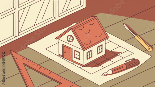 Architectural Model House on Blueprint with Drafting Tools.