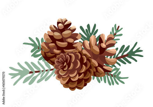 Pine cones with twigs. Vector illustration on white background.