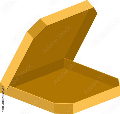Isometric view showcasing an empty, open octagonal pizza box crafted from cardboard, perfectly positioned and ready for filling with a mouthwatering, delicious pizza