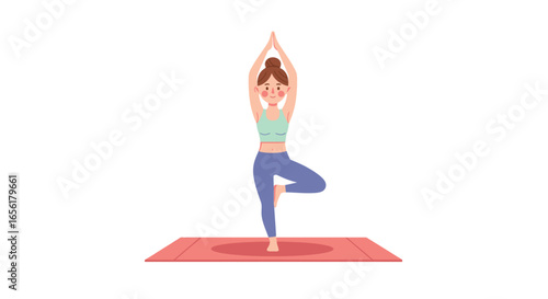 Serene woman performing a balanced yoga tree pose on a mat, a vibrant vector illustration promoting wellness, mindfulness, and healthy living.