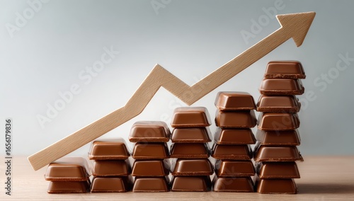 Chocolate bars stacked in ascending tiers, with a rising arrow graphic
