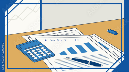 Business Documents with Bar Graph Calculator and Pen.
