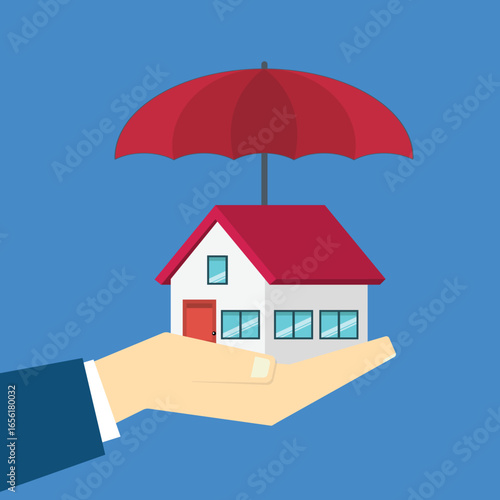 House under red umbrella on a human hand. Property insurance concept. Protection from disaster. Home security, safety, secure investment, repair coverage.	