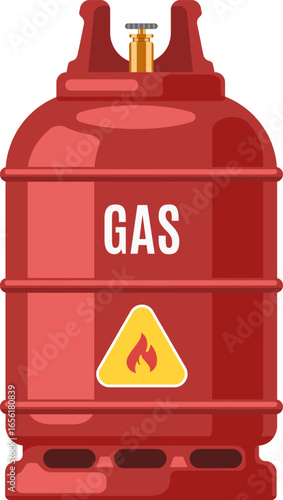 Red gas cylinder with a valve on top and a yellow triangle with a flame, symbolizing its flammable nature and its use in domestic and industrial contexts