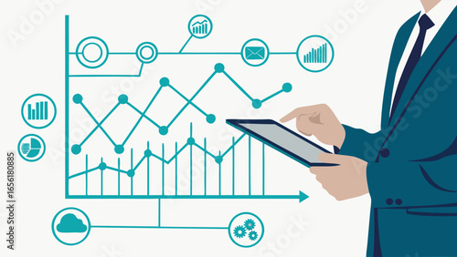 Businessman Analyzing Data on Tablet with Charts.