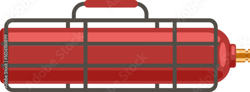 Oxygen or other compressed gas cylinder laying horizontally with handle and metal protection grid, isolated vector illustration on white background