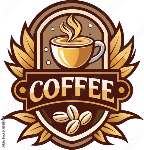 Vintage coffee emblem featuring a steaming cup and roasted beans with decorative laurel leaves Art & Illustration