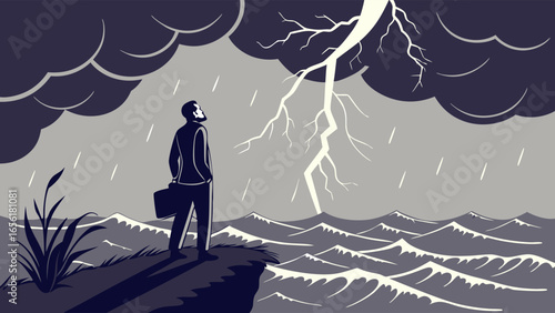 Businessman Contemplating Stormy Sea and Lightning.