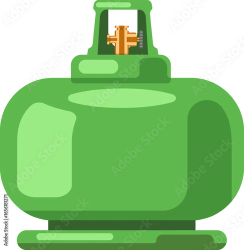 Green metal gas cylinder with a valve and pressure regulator, commonly used for storing and supplying propane or butane for heating, cooking, and other purposes