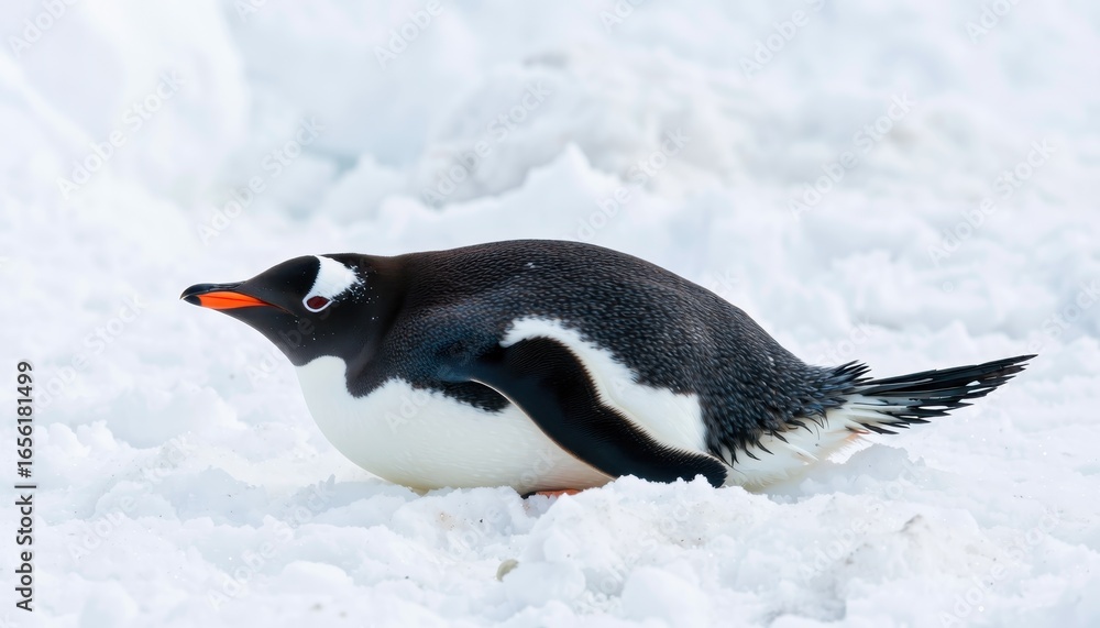 Fototapeta premium A gentoo penguin waddles across the snowy landscape of antarctica