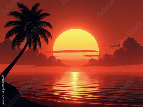 Beach Sunset with Palm Tree