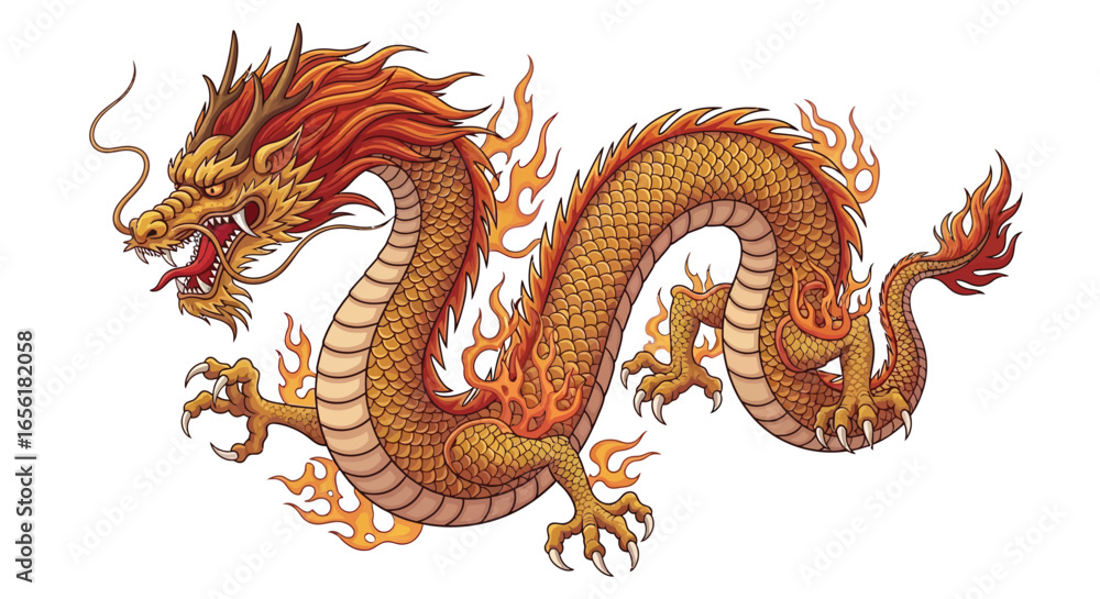 Fototapeta premium Majestic Golden Dragon Illustration Mythical Creature with Fiery Details on White Background