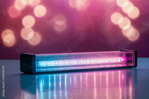 Rectangular light bar with blue and pink L E Ds reflection