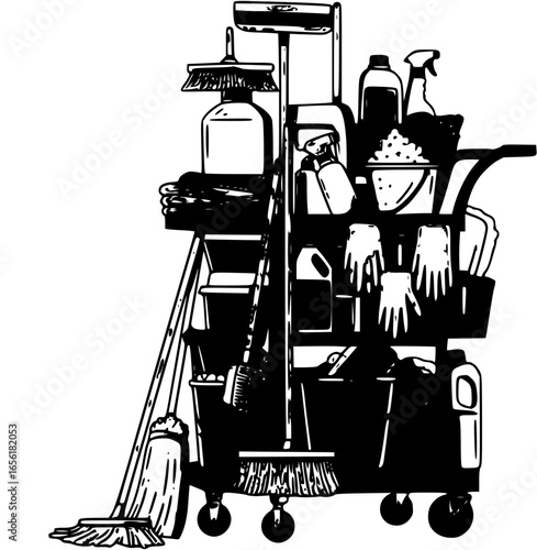 Comprehensive black vector logo of a janitorial cleaning cart filled with various supplies and tools. Cleaning service concept

