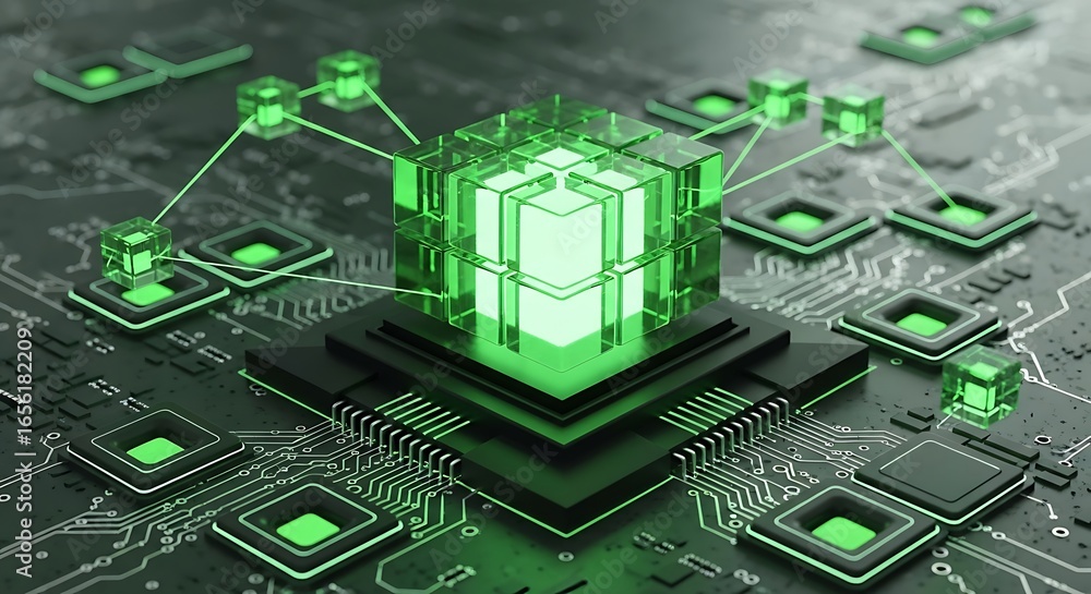 Fototapeta premium Green Blockchain Technology Concept: Futuristic Network, Decentralized System, Digital Data, Abstract Circuit Board Design