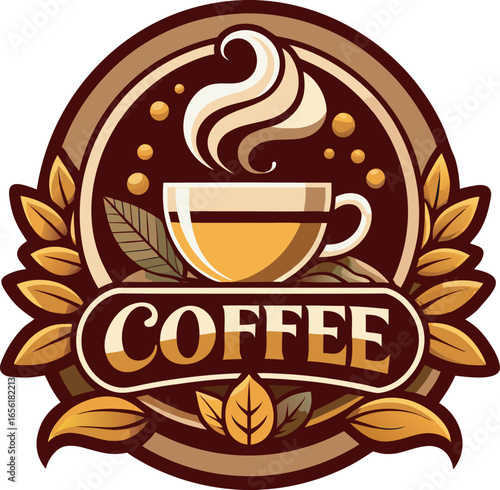 Vintage coffee emblem featuring a steaming cup and laurel wreath accents Art & Illustration