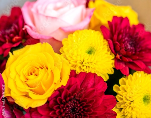 Vibrant bouquet of roses and chrysanthemums