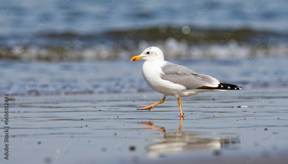 Fototapeta premium A lone seagull walks along the wet sand of a beach, with the ocean in the background