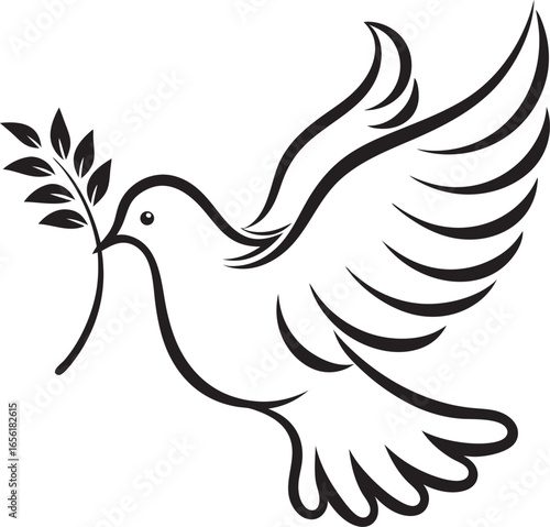 A classic black and white line drawing of a dove in flight carrying a small green olive branch in its beak Art & Illustration