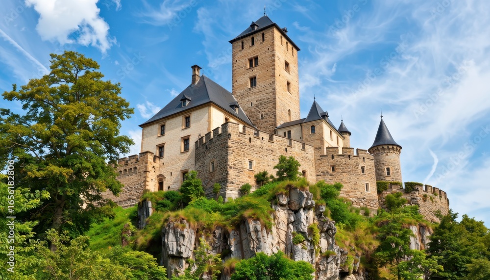 Majestic medieval castle perched atop a rocky hill under a blue sky with scattered clouds Majestic medieval castle perched atop a rocky hill under a blue sky with scattered clouds