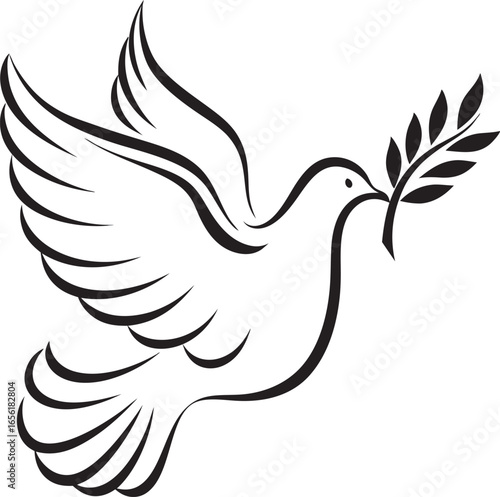 Elegant line art depicting a white dove carrying a branch of leaves symbolizing peace and hope Art & Illustration