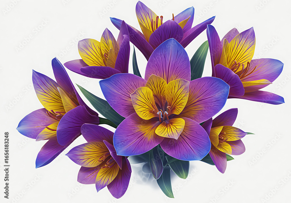 Fototapeta premium Purple and yellow crocus flowers blooming in a small bouquet against a white backdrop, showcasing their vibrant colors and delicate petals in a spring theme.