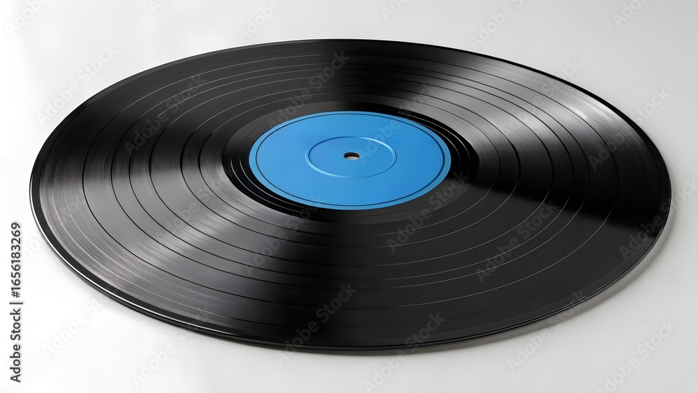 Obraz premium A classic black vinyl LP record with a blank, vibrant blue label, isolated on a clean white background