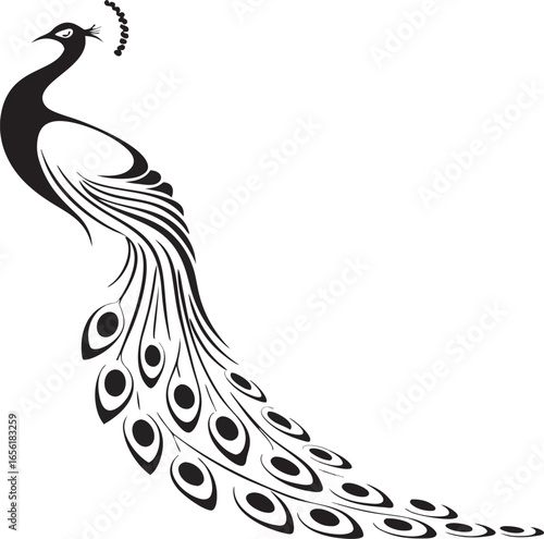 Elegant black and white illustration of a majestic peacock with its elaborate tail feathers fanned out gracefully Art & Illustration