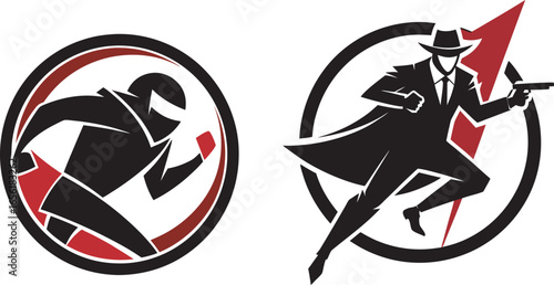 Dynamic duo of justice silhouette of a superhero and a detective in action poses Art & Illustration
