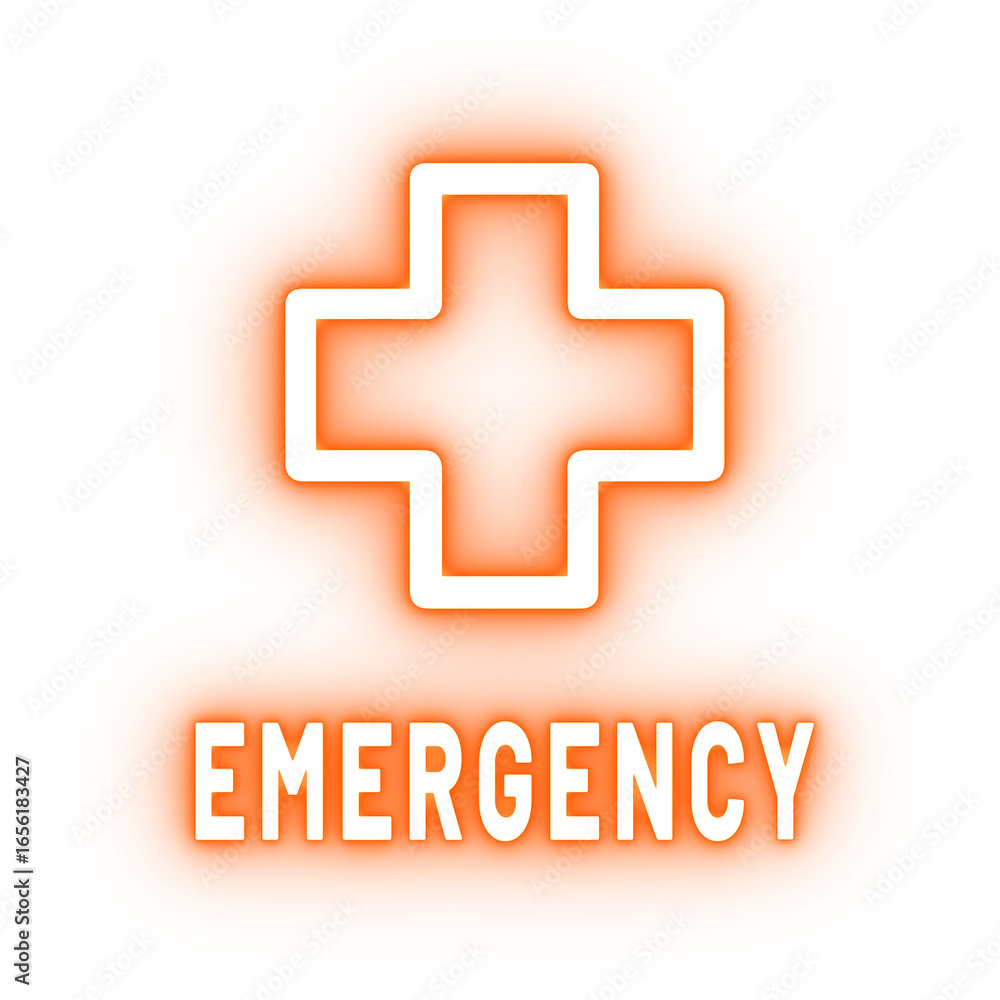 Obraz premium Emergency Neon Cross Sign for Medical and First Aid Isolated Transparent Background PNG