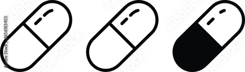 Capsule Pill Icon Set in Outline and Solid Style on White Transparent Background