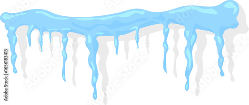 Row of melting icicles dripping water with gray shadows on white background representing winter, cold, snow, ice, thaw, freeze, nature, and change of season