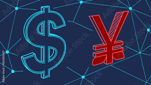 3D Rendered US Dollar and Japanese Yen Symbols.