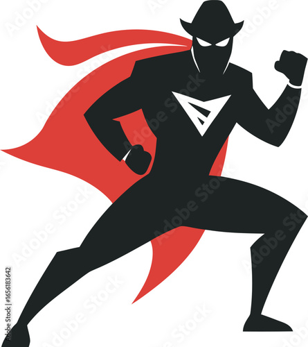 Dynamic silhouette of a superhero in a cowboy hat ready for action with a flowing red cape Art & Illustration