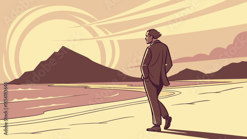 Contemplative Man in Suit Walking on Beach at Sunset.