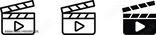Clapperboard Film Icons Design Set in Black and White with Play Symbols