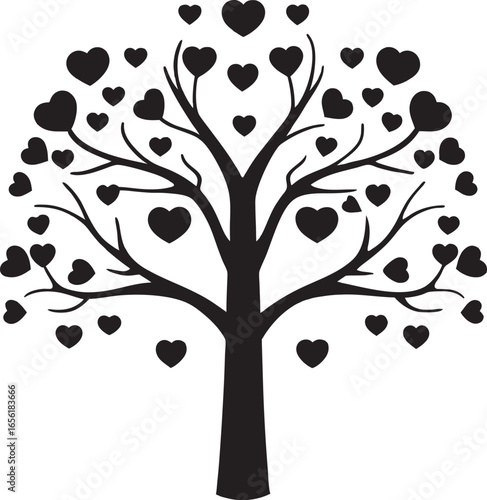 A stylized black silhouette of a tree with numerous heart shaped leaves adorning its branches against a white background Art & Illustration