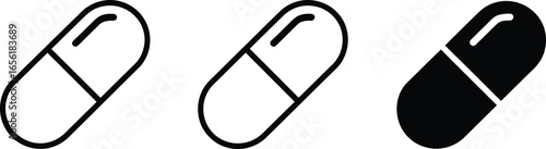 Capsule Pill Icons Set with Outline and Solid Style on White Background, Medication