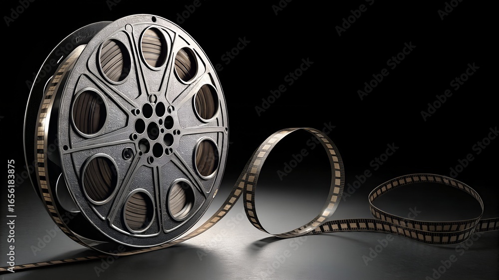Obraz premium A classic, vintage metal film reel with unspooling 35mm celluloid film strip, dramatically lit against a dark, reflective black background.