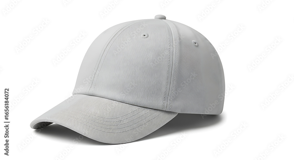Fototapeta premium A light gray baseball cap, viewed from the side, casting a shadow on a white background.
