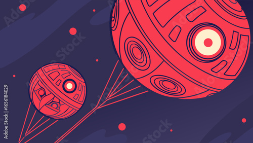 Abstract Red and Blue Space Planets with Geometric Design.
