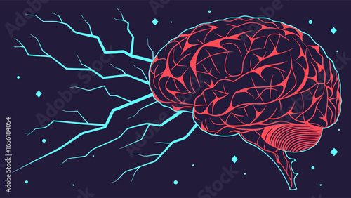 Abstract Red Brain with Electric Energy Burst.