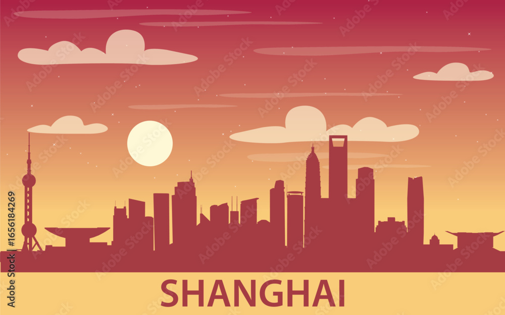 Fototapeta premium A stylized silhouette of Shanghai against the backdrop of the sunset. The upper part of the drawing features warm shades of the sky with clouds and the sun.