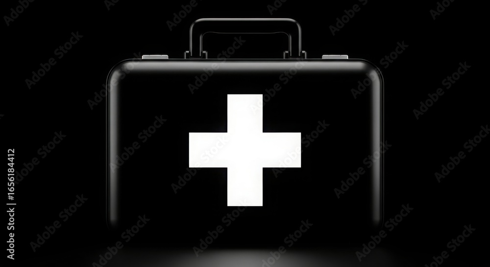 Obraz premium A black first aid kit with a white cross on the front isolated on a black background in a studio shot