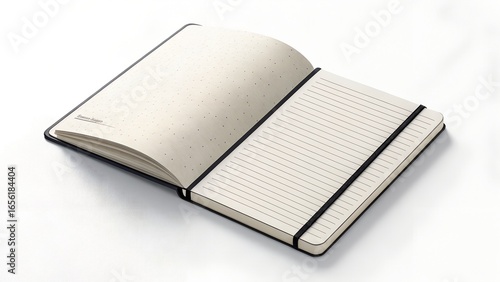 An open black notebook or journal with an elastic band holding the right page, isolated on a clean white background with a soft shadow.