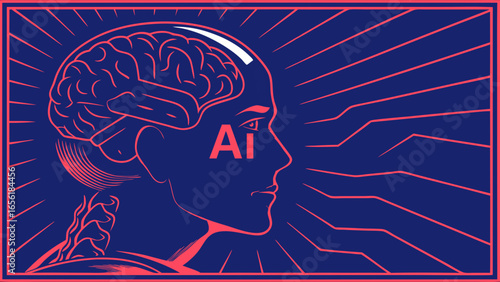 AI Human Head with Visible Brain and Technology.