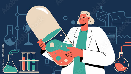 female scientist holding a large pill in a laboratory vector illustration