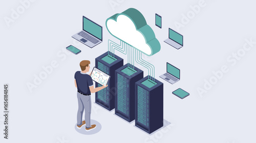 it technician managing server racks connected to a cloud network isometric vector illustration